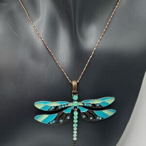 Green and blue dragonfly pendant necklace on copper chain